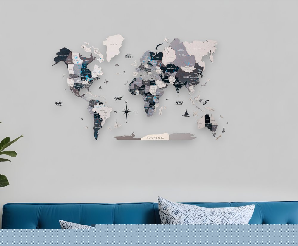 24" X 39" Black Gray and White Wood World Map Hanging Dimensional Sculpture
