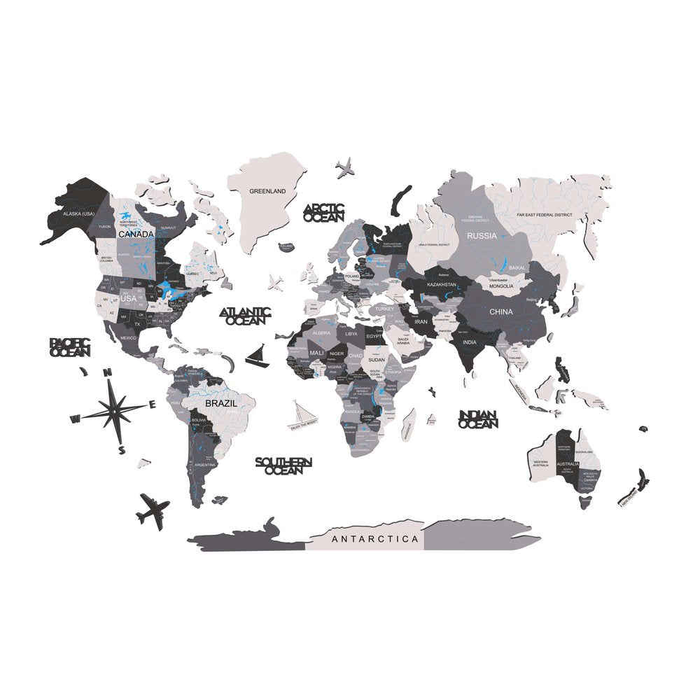 35" X 59" Black Gray and White Wood World Map Hanging Dimensional Sculpture