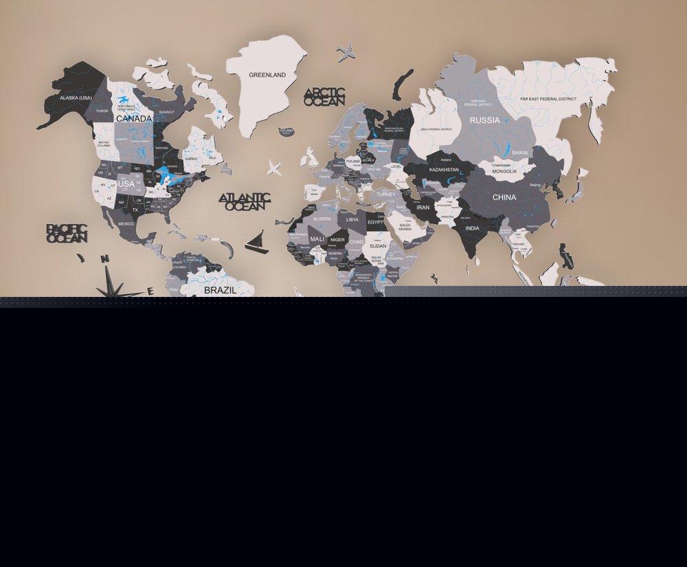 47" X 79" Black Gray and White Wood World Map Hanging Dimensional Sculpture