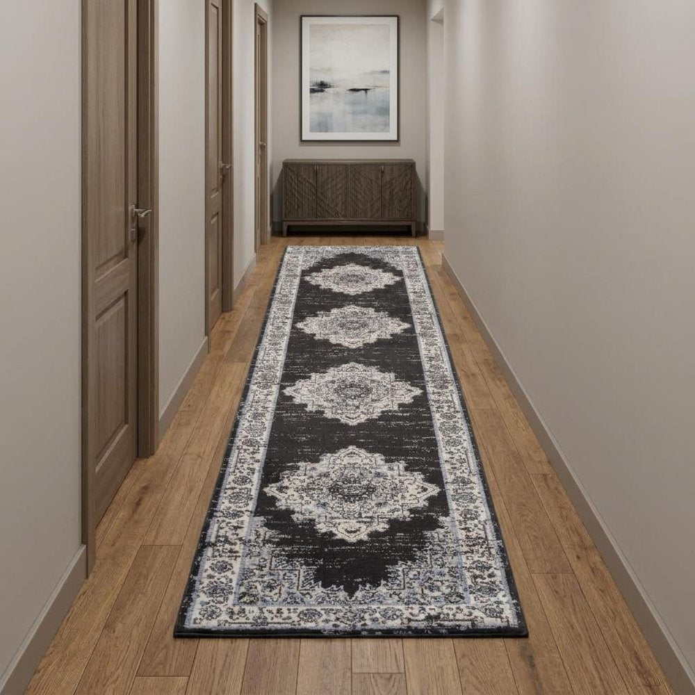 10' Black And Ivory Floral Distressed Runner Rug