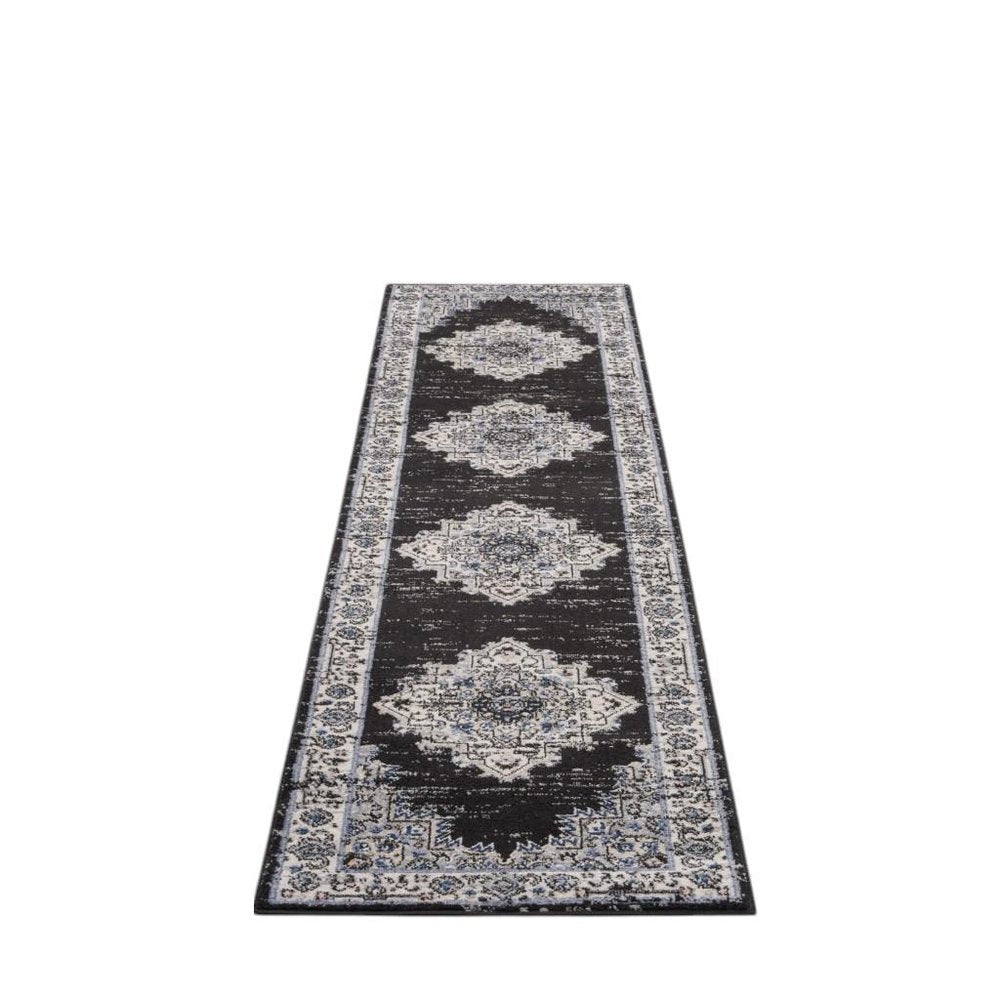 10' Black And Ivory Floral Distressed Runner Rug