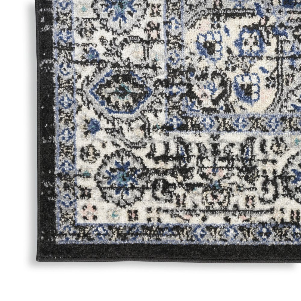 10' Black And Ivory Floral Distressed Runner Rug