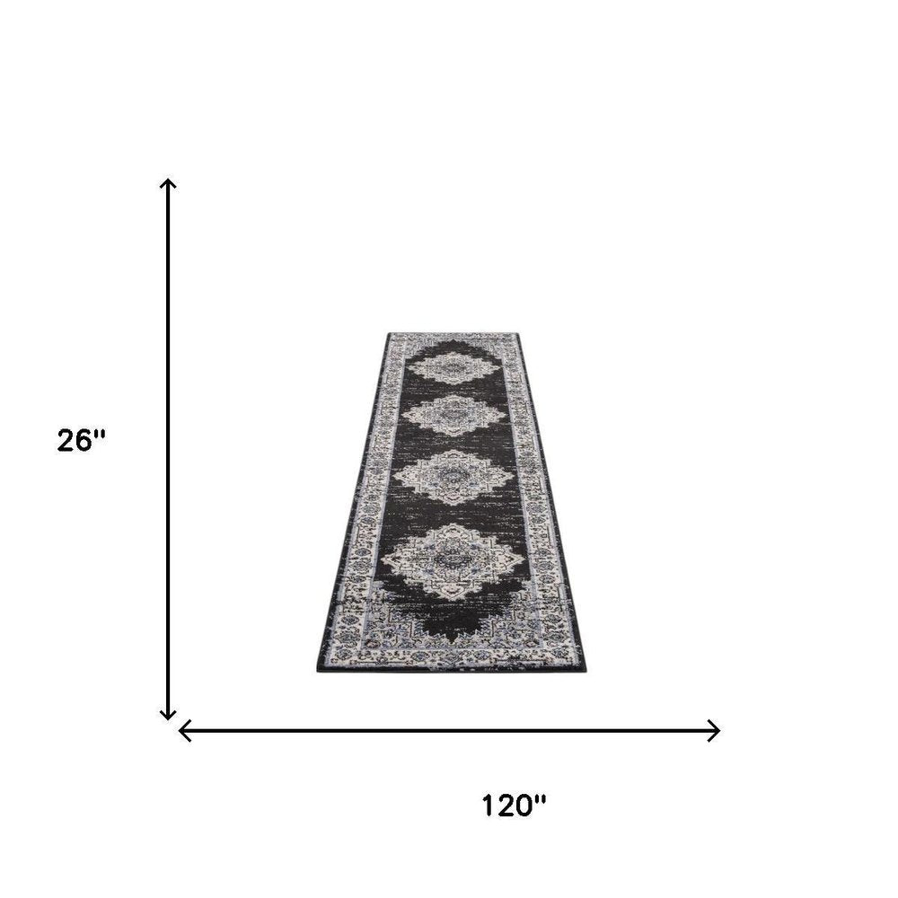 10' Black And Ivory Floral Distressed Runner Rug