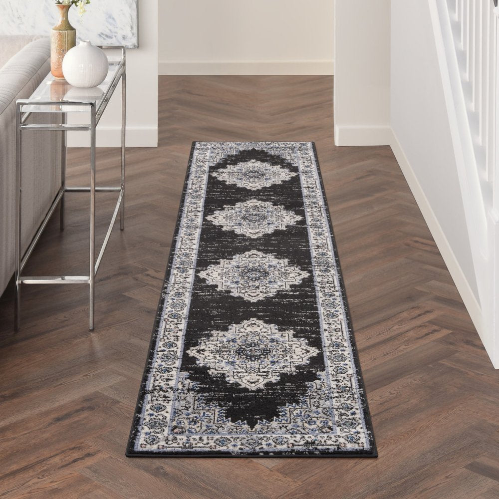 10' Black And Ivory Floral Distressed Runner Rug