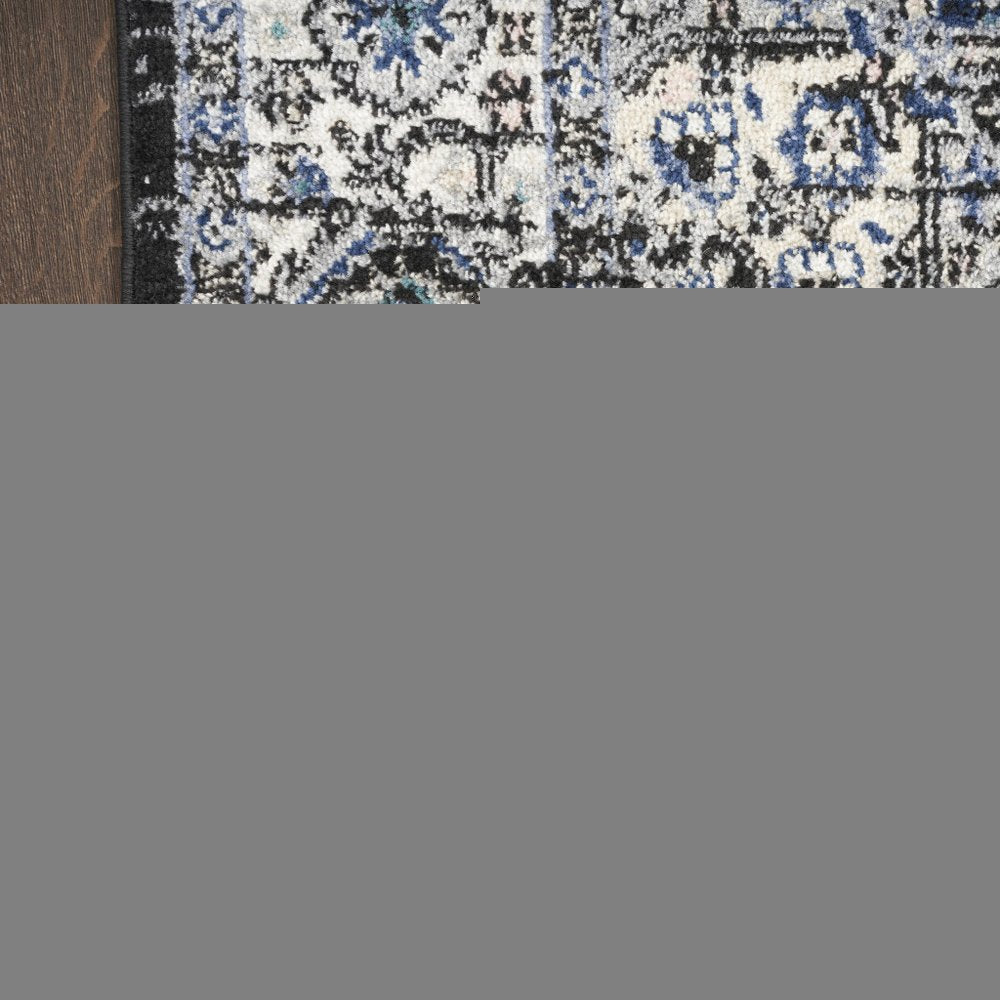 10' Black And Ivory Floral Distressed Runner Rug