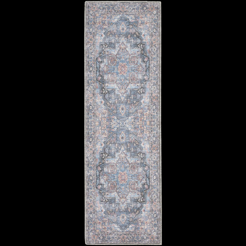 10' Blue Floral Power Loom Distressed Washable Runner Rug