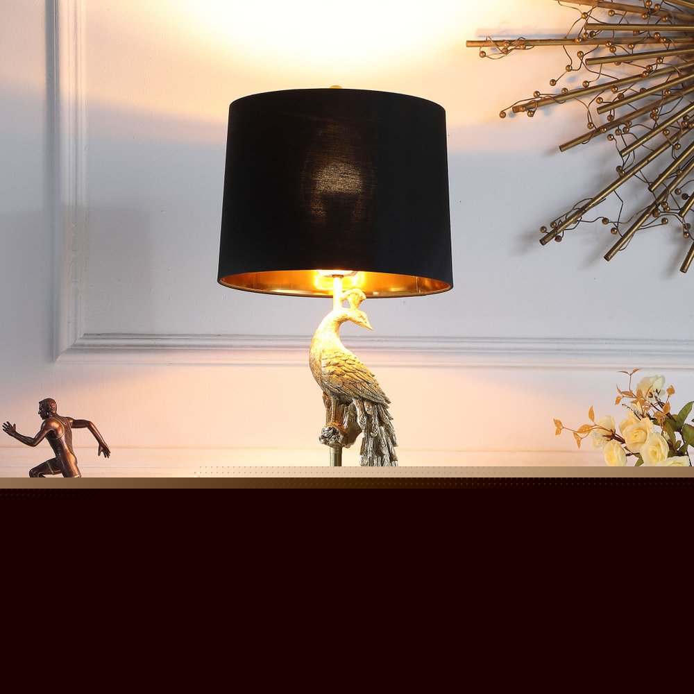 29" Gold Peacock Table Lamp With Black Drum Shade