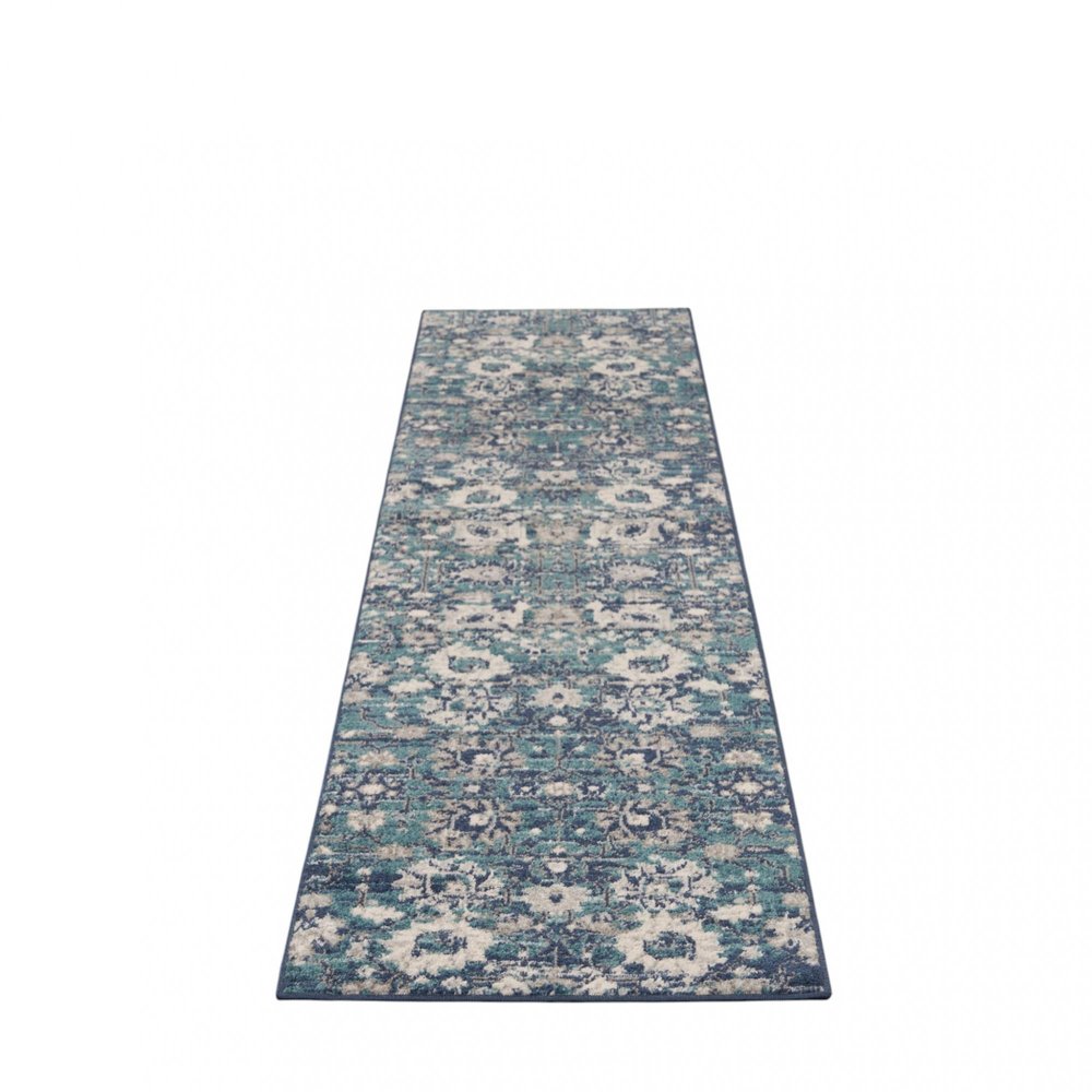 10' Blue And Ivory Floral Distressed Runner Rug