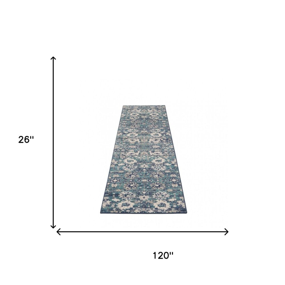 10' Blue And Ivory Floral Distressed Runner Rug