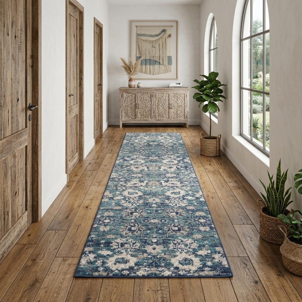 10' Blue And Ivory Floral Distressed Runner Rug