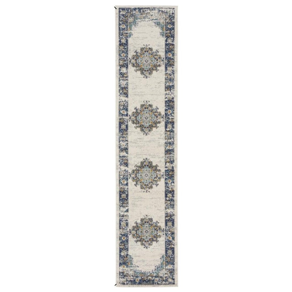 10' Blue And Ivory Oriental Distressed Runner Rug