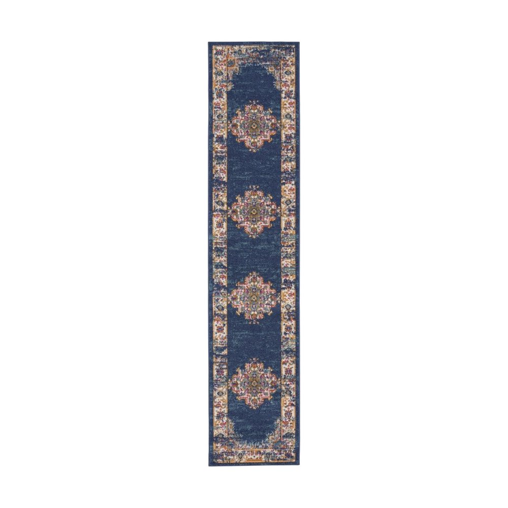 10' Blue and Ivory Oriental Power Loom Distressed Runner Rug