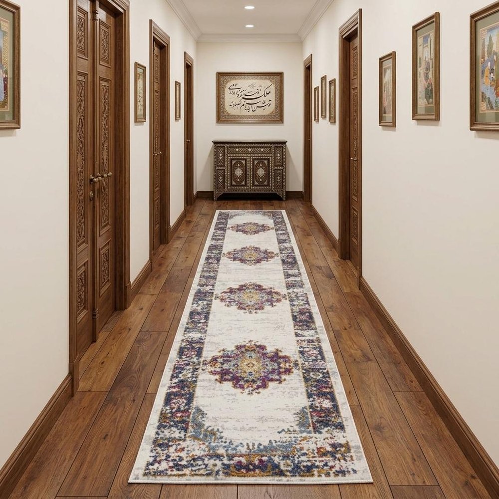 10' Blue And Ivory Oriental Distressed Runner Rug