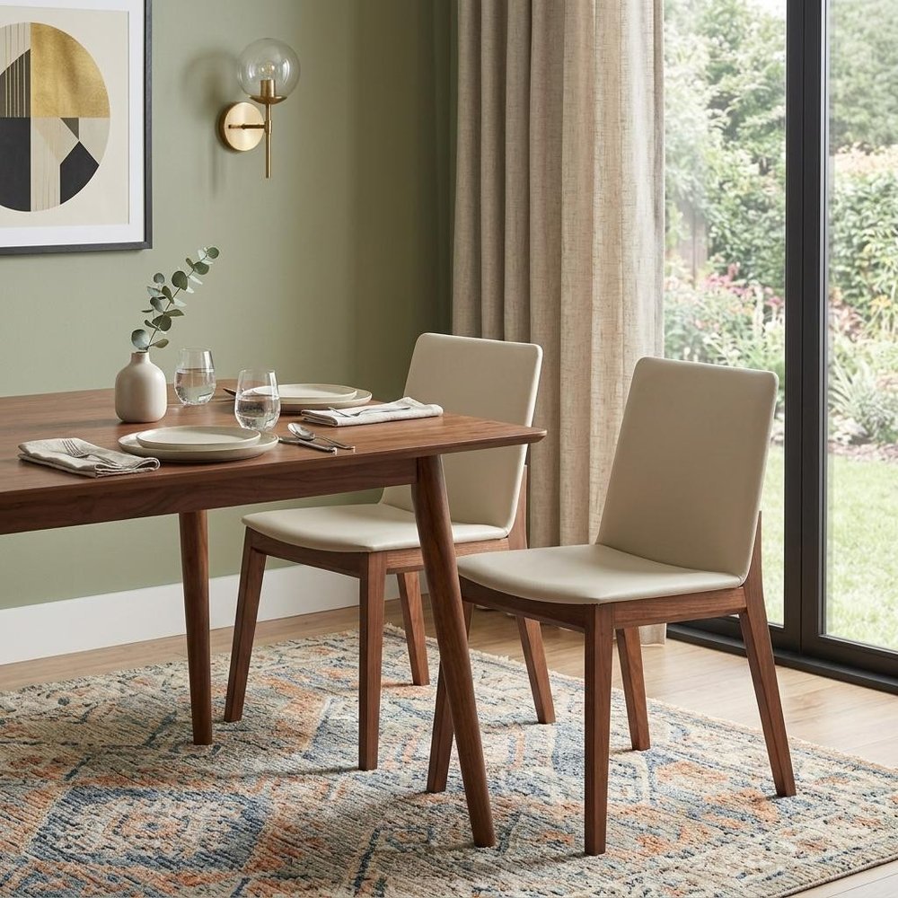 Set of Two White and Brown Faux Leather Dining Side Chairs