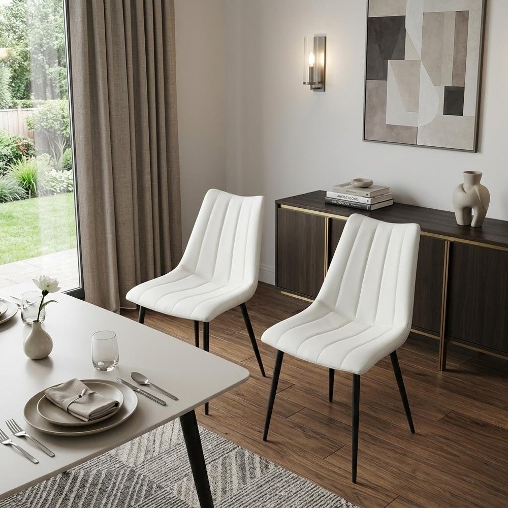 Set of Two White and Black Faux Leather Dining Side Chairs