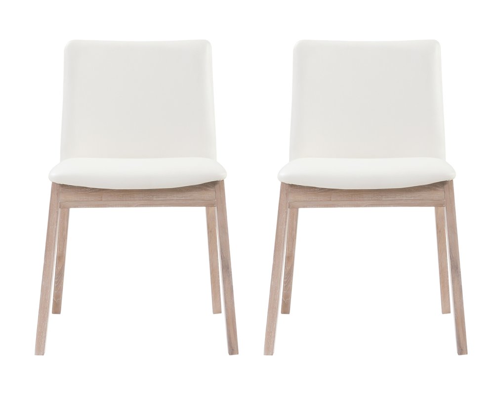 Set of Two White and Natural Faux Leather Dining Side Chairs