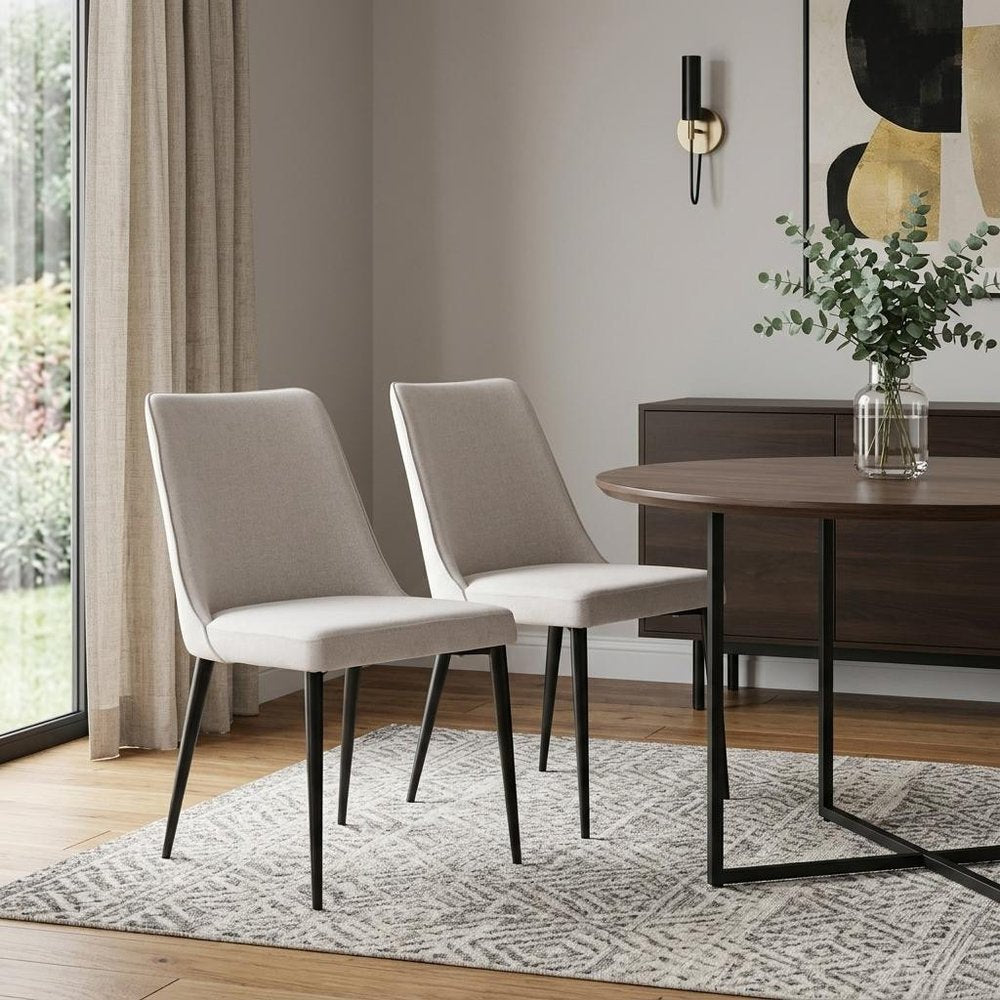 Set of Two White and Black Fabric Dining Side Chairs
