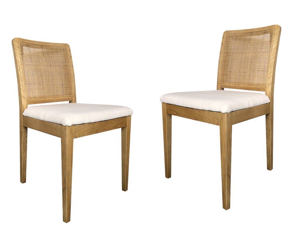 Set of Two White and Natural Fabric Dining Side Chairs