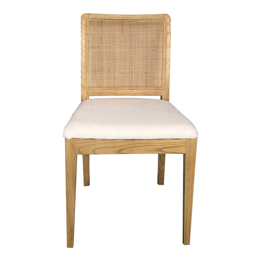Set of Two White and Natural Fabric Dining Side Chairs