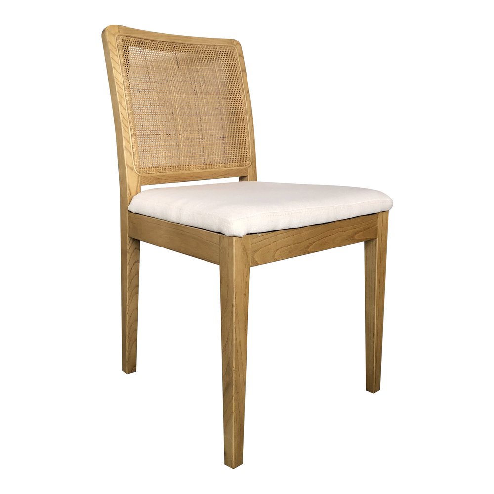 Set of Two White and Natural Fabric Dining Side Chairs