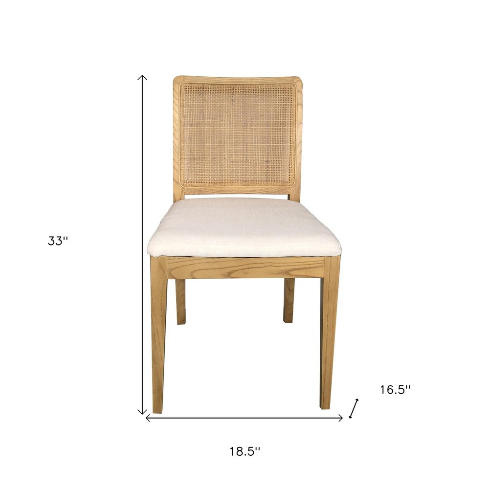 Set of Two White and Natural Fabric Dining Side Chairs
