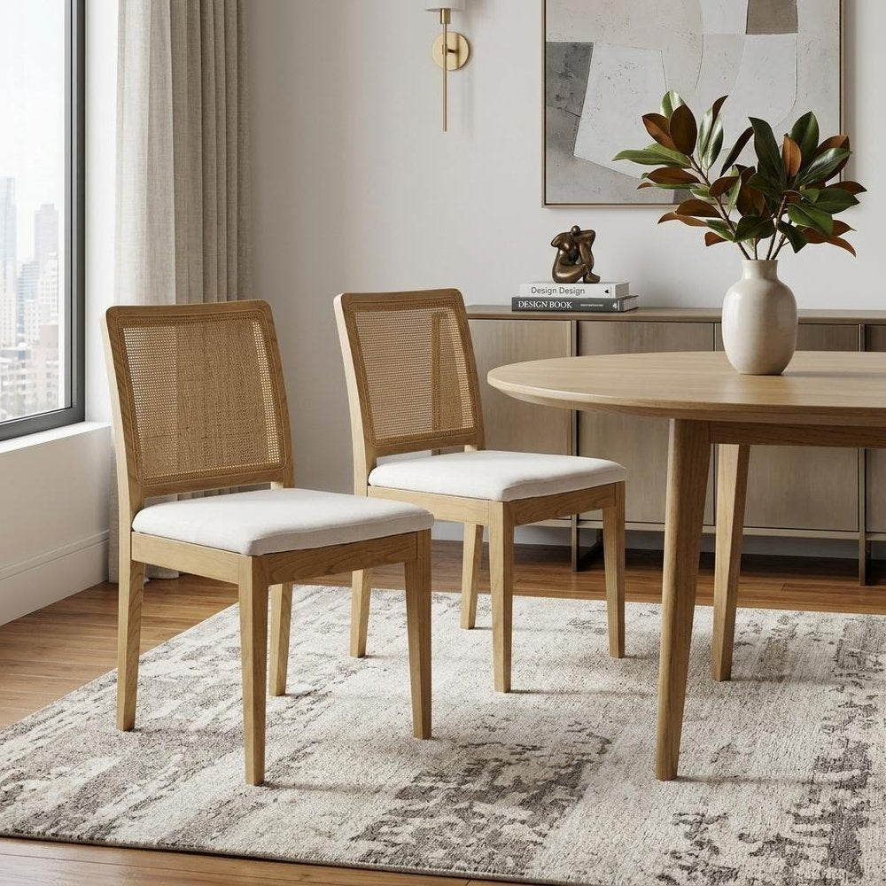 Set of Two White and Natural Fabric Dining Side Chairs