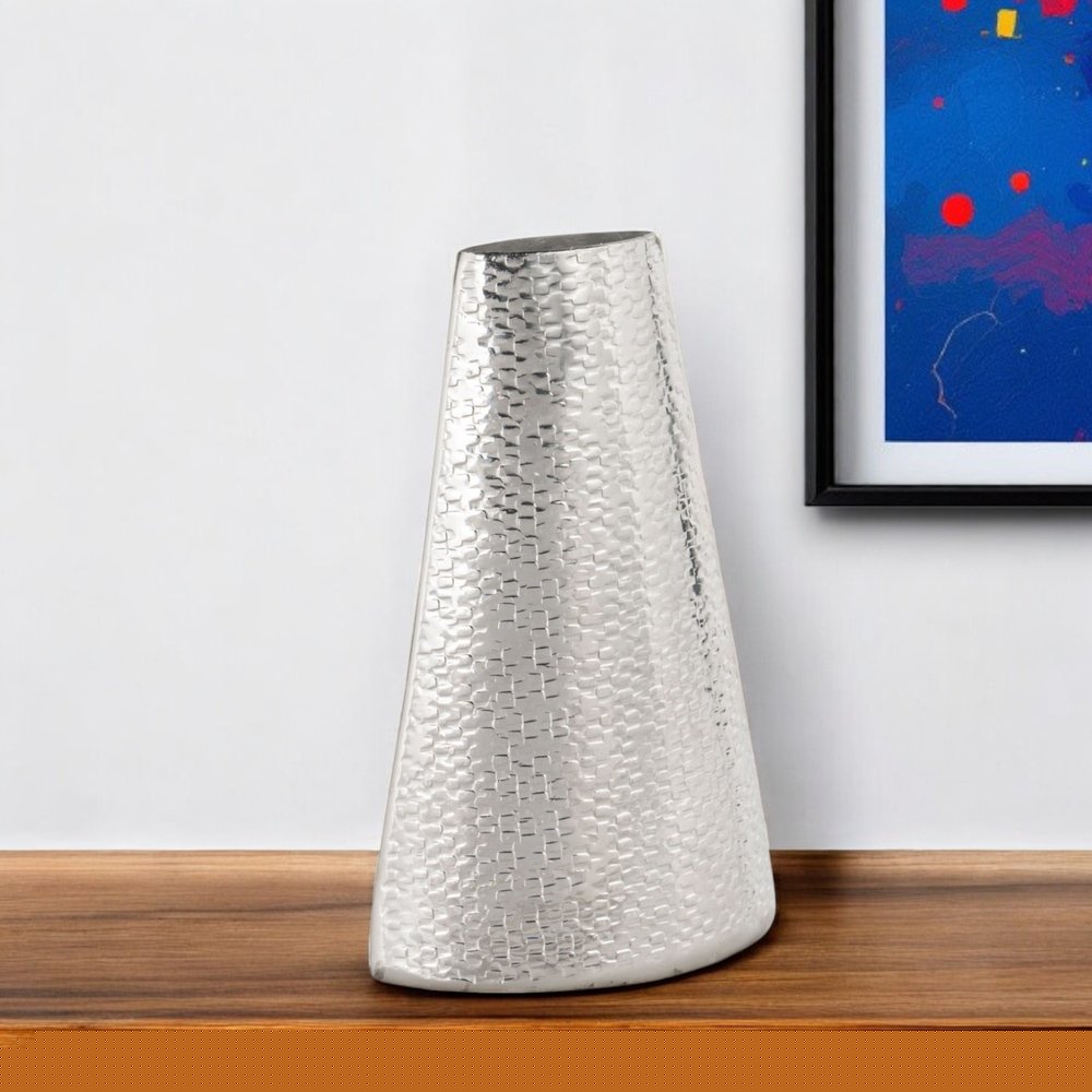 10" Silver Hammered Cone Aluminum Table Vase