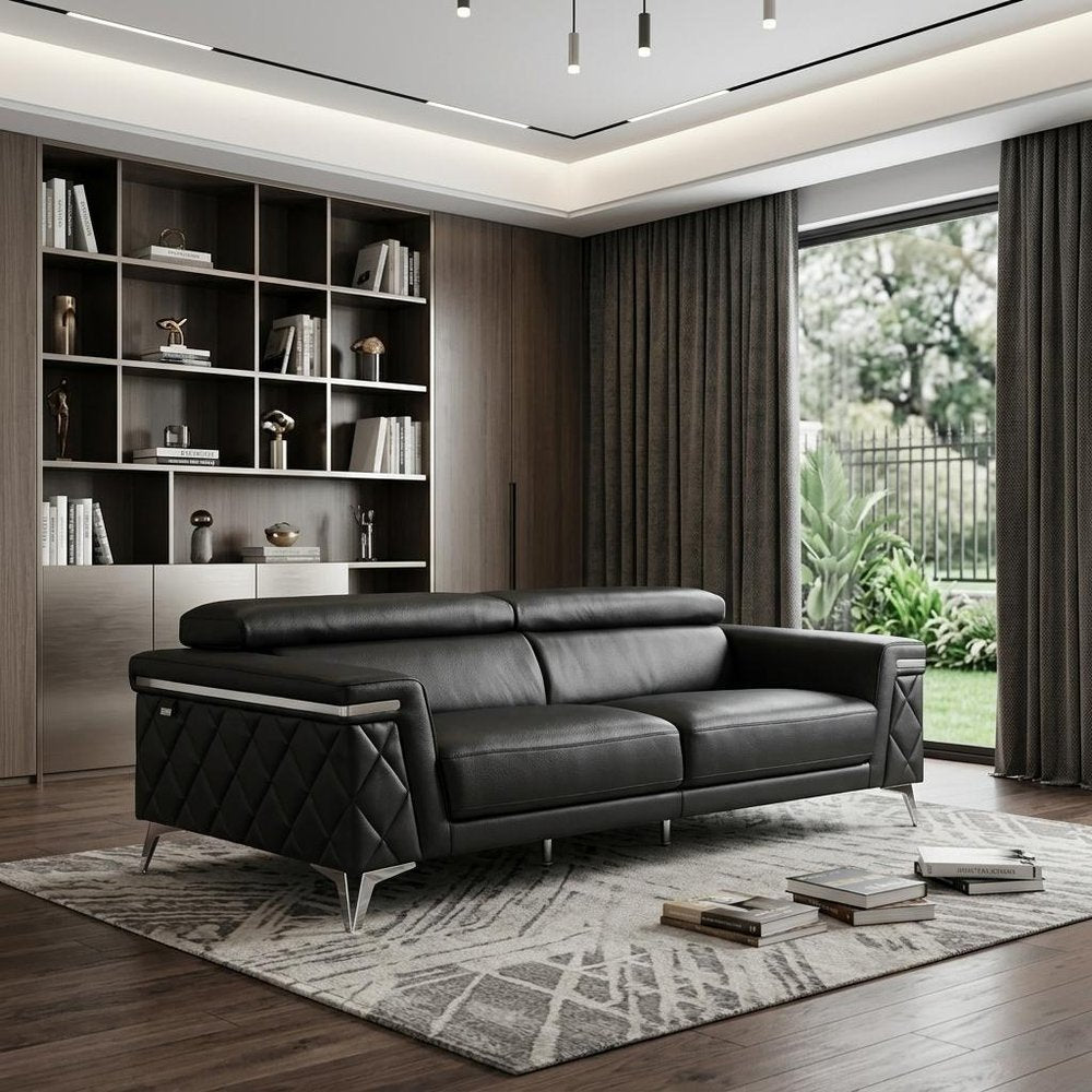 89" Light Blue Italian Leather Sofa With Silver Legs