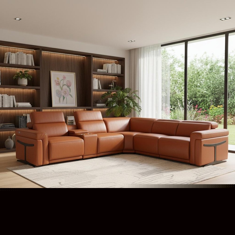 Camel Italian Leather Modular L Shaped Six Piece Corner Sectional With Console