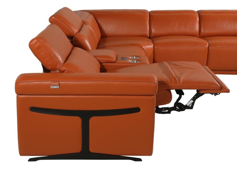 Camel Italian Leather Modular L Shaped Seven Piece Corner Sectional With Console