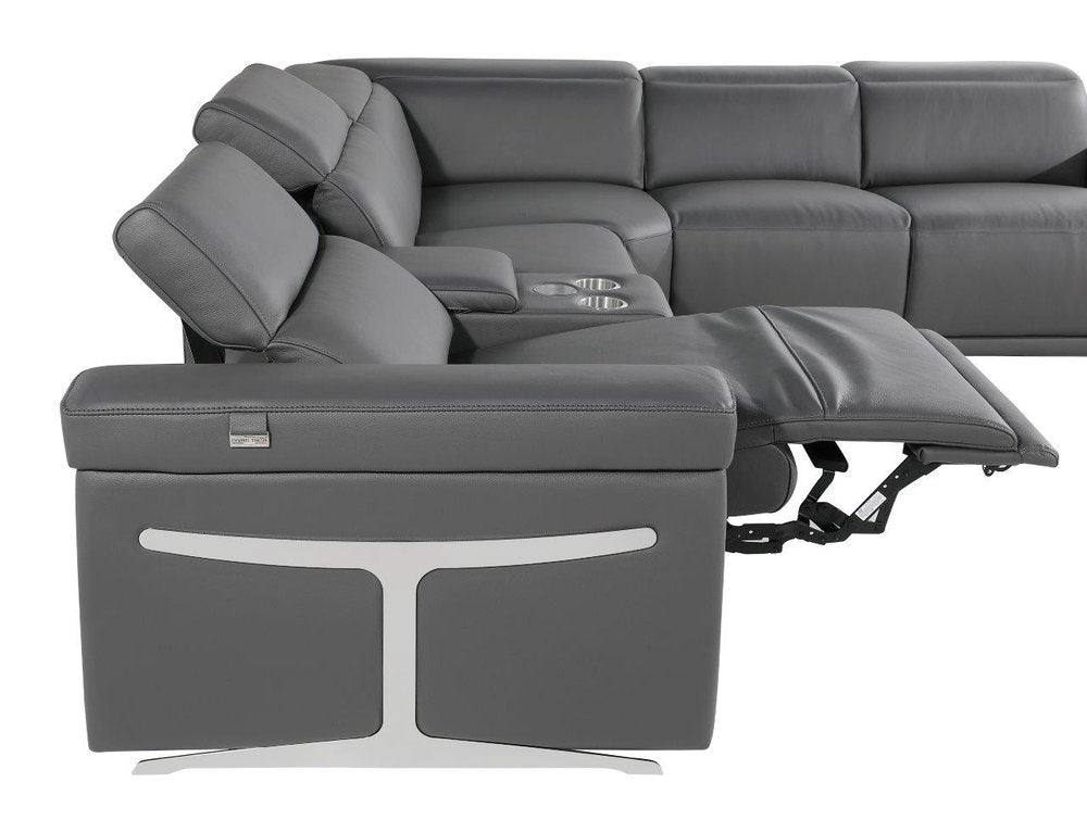 Gray Italian Leather Modular L Shaped Seven Piece Corner Sectional With Console