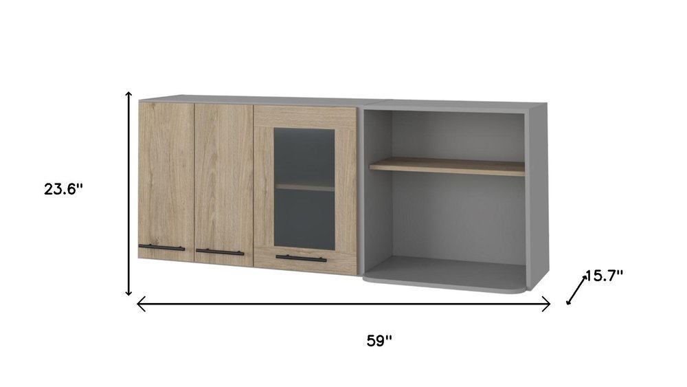 24" Gray and Natural Wood Wall Mounted Accent Cabinet With Three Doors