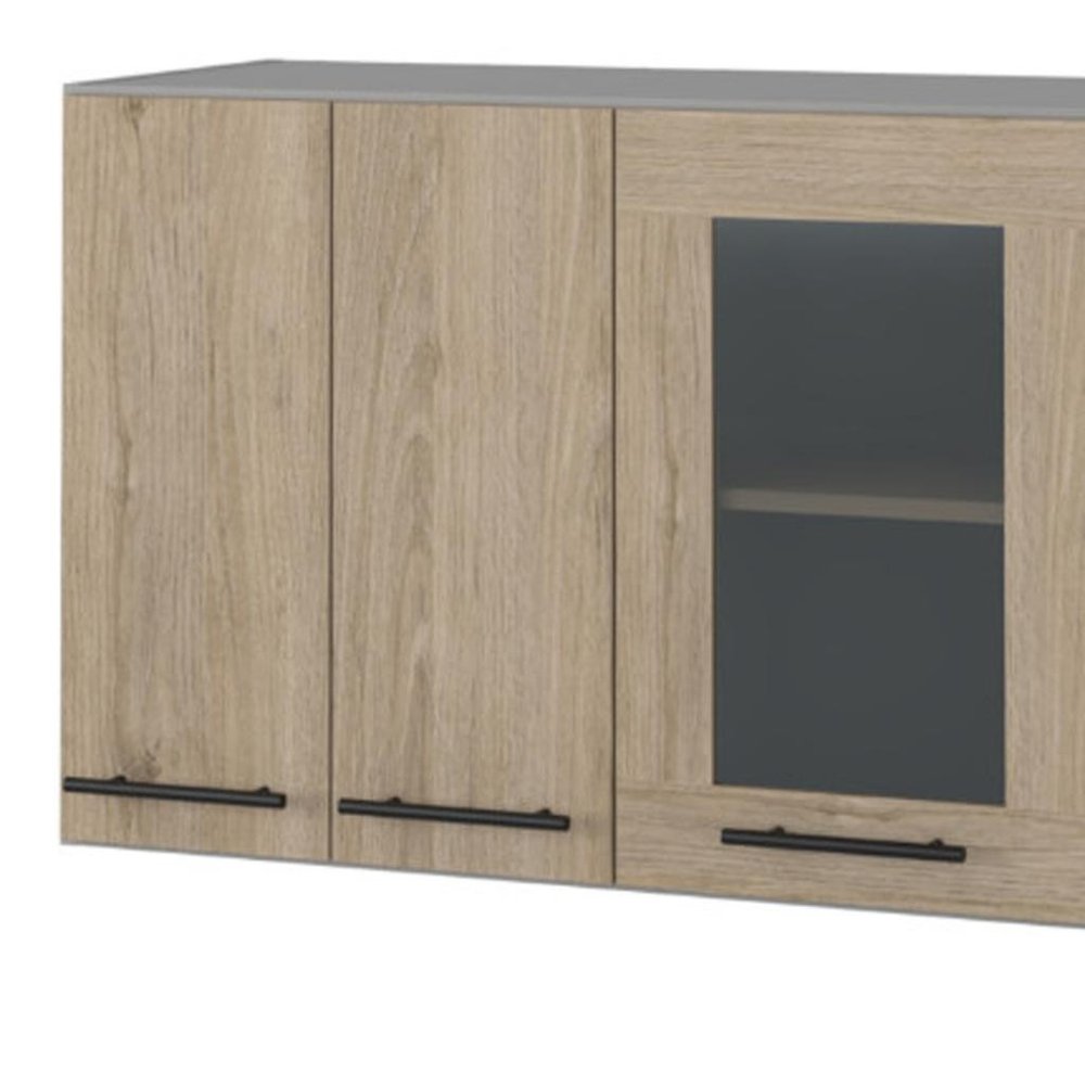 24" Gray and Natural Wood Wall Mounted Accent Cabinet With Three Doors
