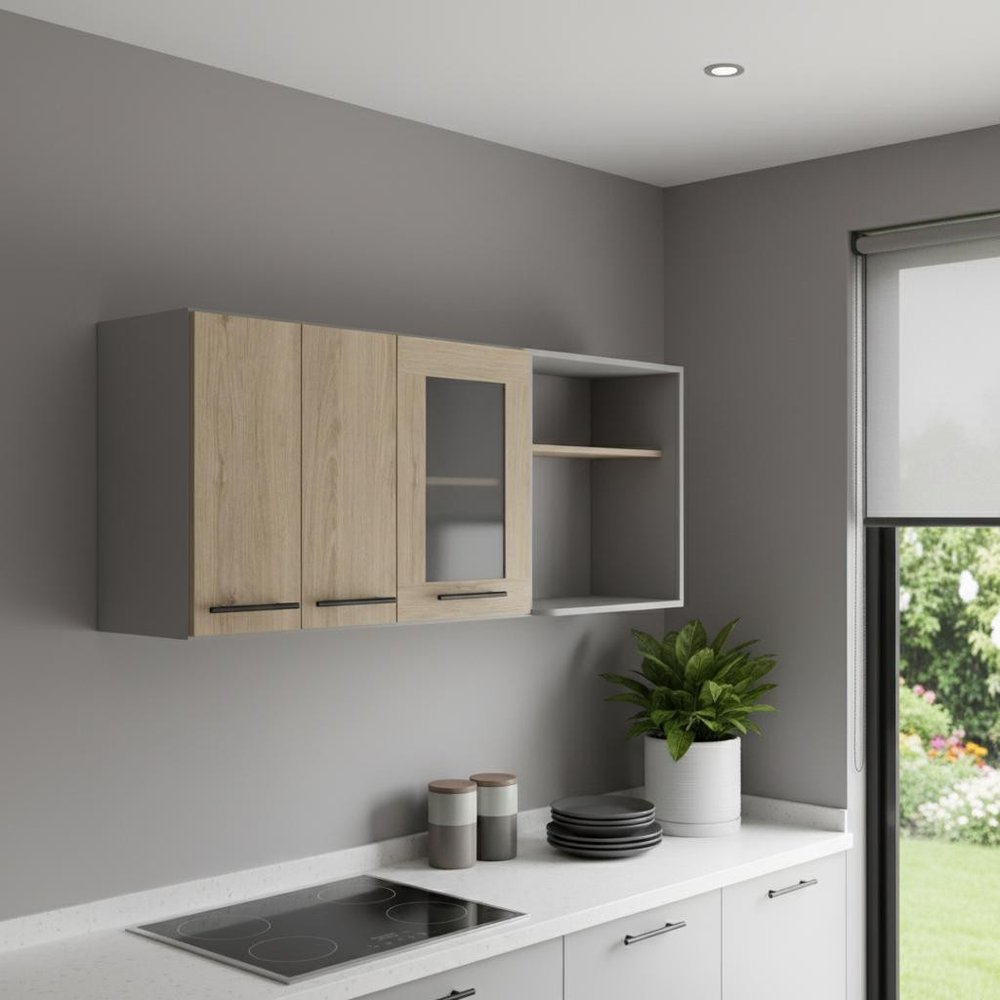 24" Gray and Natural Wood Wall Mounted Accent Cabinet With Three Doors
