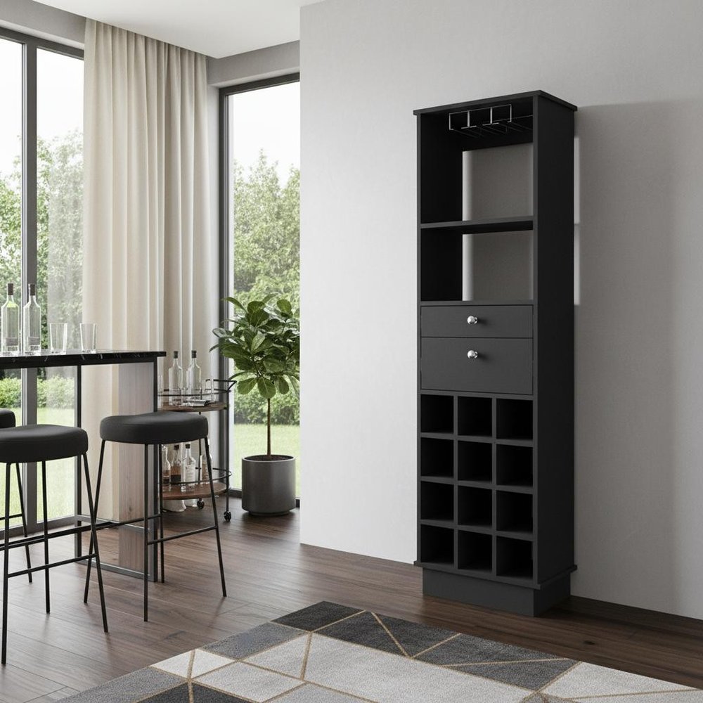 63" Black Wood Bar Cabinet With Two Drawers