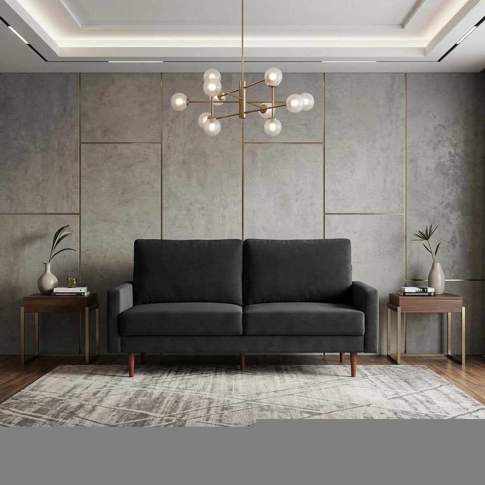 69" Black Velvet Sofa With Dark Brown Legs