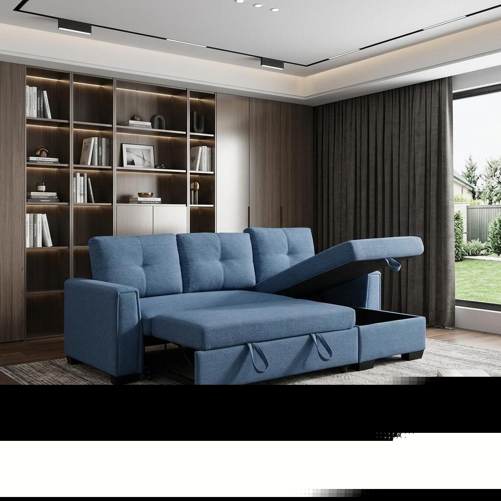 92" Blue Polyester Blend Convertible Futon Sleeper Sofa With Black Legs