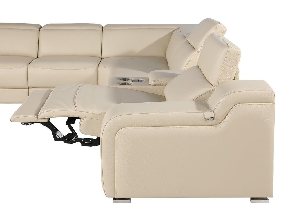 Beige Italian Leather Power Reclining Curved Five Piece Corner Sectional