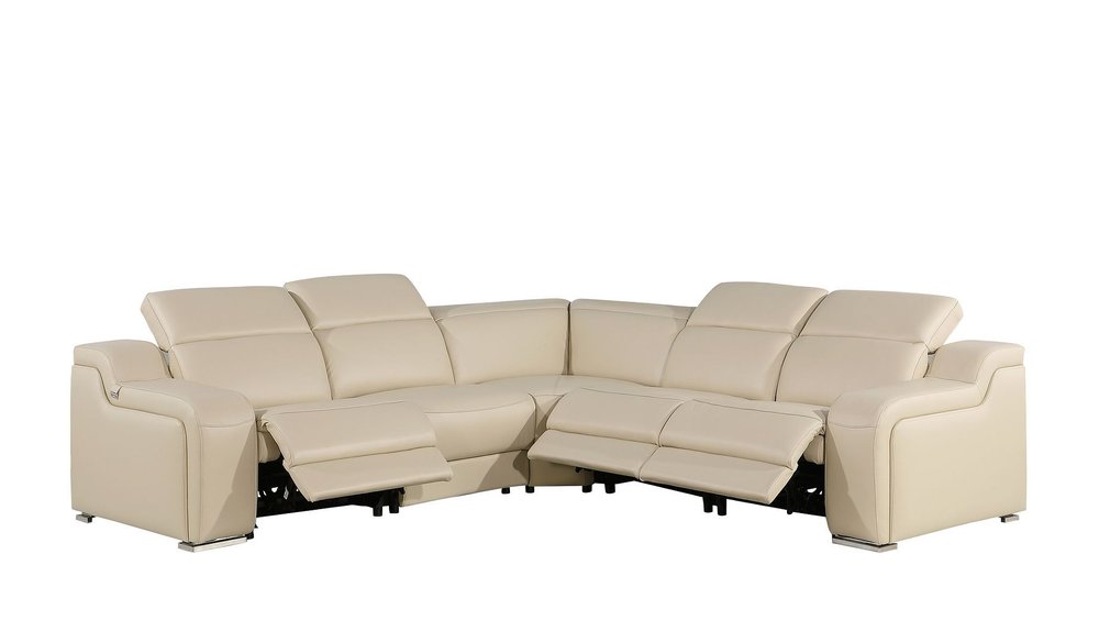 Beige Italian Leather Power Reclining Curved Five Piece Corner Sectional