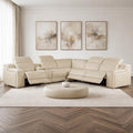 Beige Italian Leather Power Reclining Curved Six Piece Corner Sectional With Console