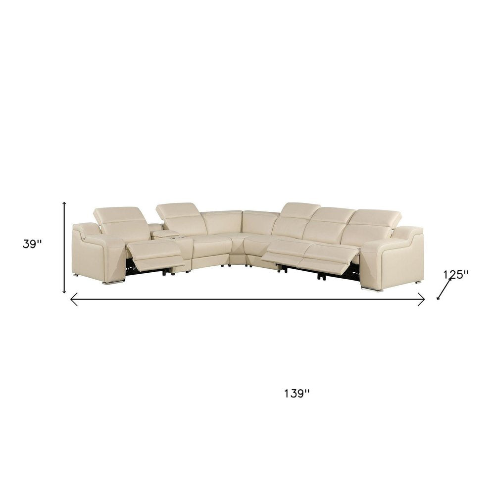 Beige Italian Leather Power Reclining Curved Seven Piece Corner Sectional With Console