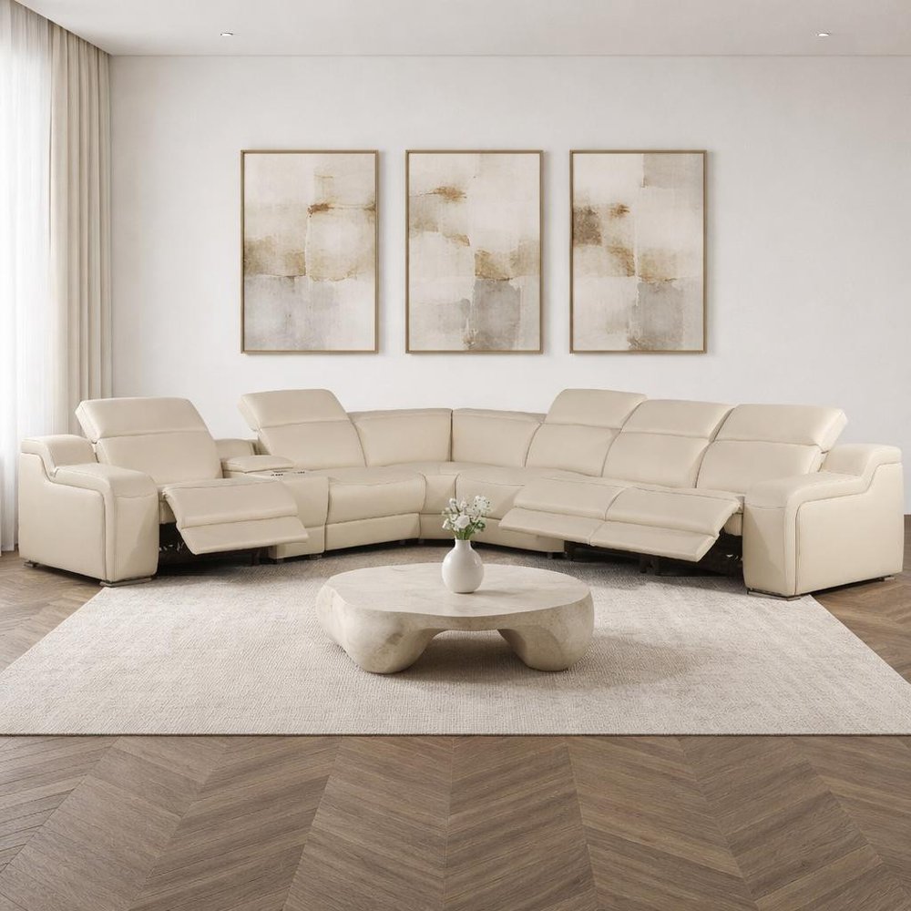 Beige Italian Leather Power Reclining Curved Seven Piece Corner Sectional With Console