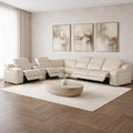 Beige Italian Leather Power Reclining Curved Seven Piece Corner Sectional With Console
