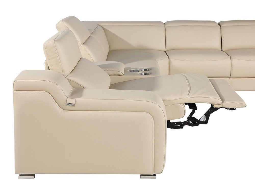 Beige Italian Leather Power Reclining Curved Seven Piece Corner Sectional With Console