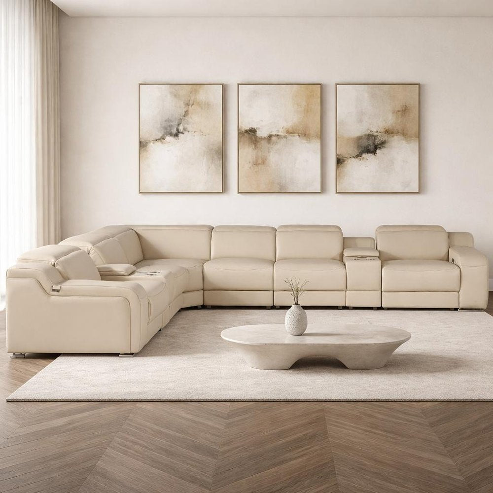 Beige Italian Leather Power Reclining Curved Seven Piece Corner Sectional With Console