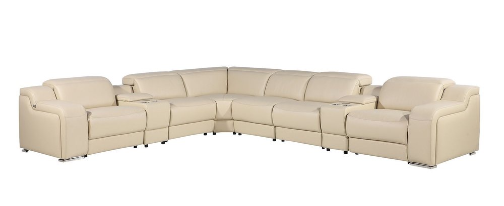 Beige Italian Leather Power Reclining Curved Eight Piece Corner Sectional With Console