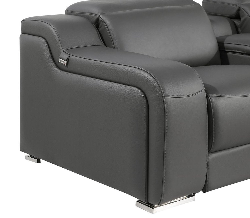 Gray Italian Leather Power Reclining Curved Seven Piece Corner Sectional With Console