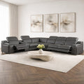 Gray Italian Leather Power Reclining Curved Seven Piece Corner Sectional With Console