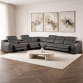 Gray Italian Leather Power Reclining Curved Seven Piece Corner Sectional With Console