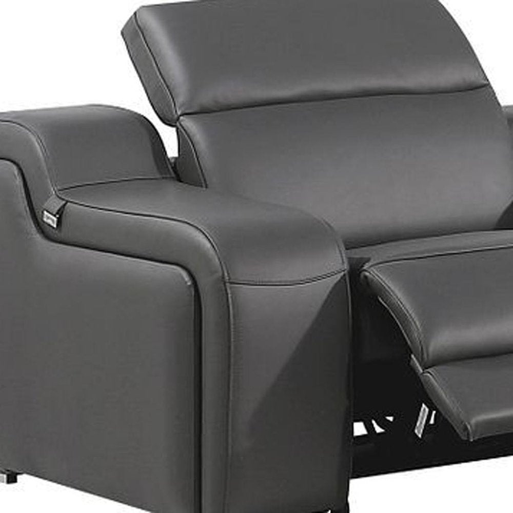 Gray Italian Leather Power Reclining Curved Seven Piece Corner Sectional With Console
